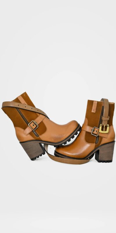 Elegant brown leather ankle boots with high heels and buckles, perfect for fashion-forward style.